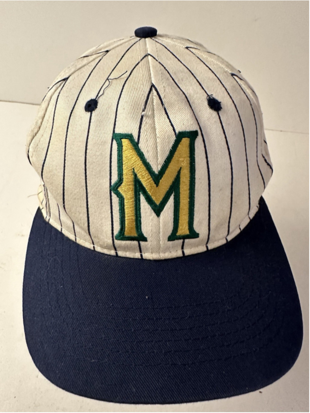 Vintage Drew Pearson Milwaukee Brewers Pinstripe Snapback Hat Youth Navy MLB